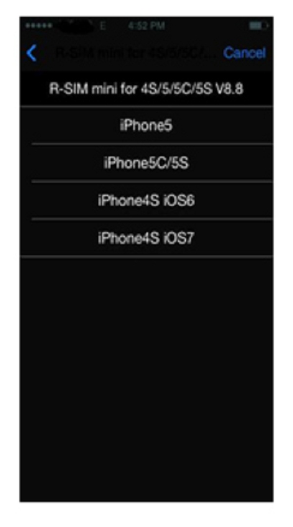 Bảng menu chọn dòng iPhone cần ghép huong dan su dung rsim mini loai sim ghep moi tong hop danh cho iphone 5s 5c 5 4s hinh anh 2