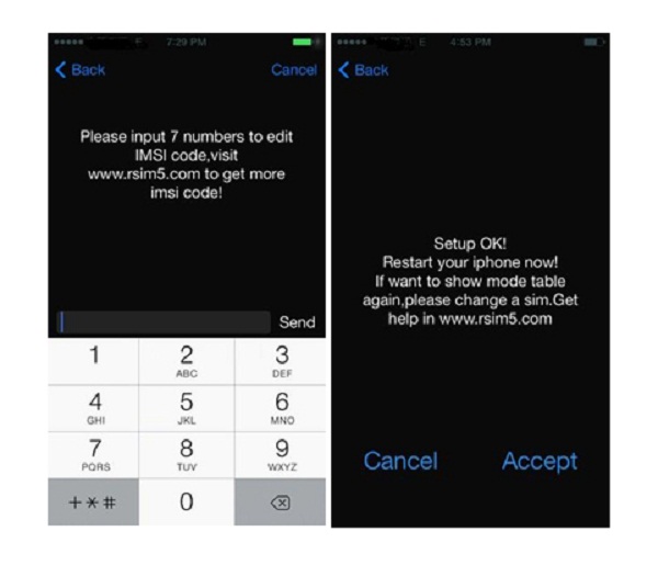 Chọn vào dòng input IMSI và nhập code 7 chữ số của nhà mạng vào và sau đó bấm vào Accept huong dan su dung rsim mini loai sim ghep moi tong hop danh cho iphone 5s 5c 5 4s hinh anh 3