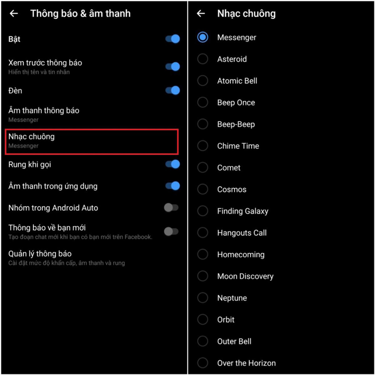 đổi nhạc chuông Messenger