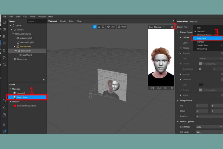 Gắn hiệu ứng đã tạo ở trên vào khuôn mặt và chọn Demofilter > Bấm Shader Type > Ấn chọn Face Paint.