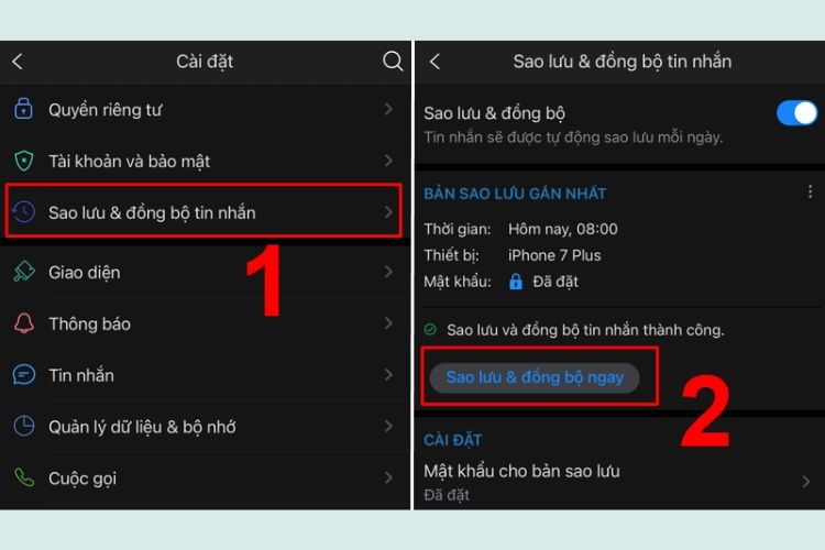 Mở Sao lưu và đồng bộ tin nhắn > Chọn Sao lưu và đồng bộ ngay.