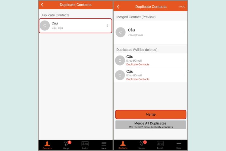Ở mục này các liên hệ trùng lặp sẽ được hiển thị ở đây, bạn hãy chọn mục liên hệ đó > Chọn Merge.