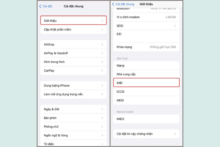 Sau đó, chọn vào mục giới thiệu, kéo xuống xem và copy IMEI.