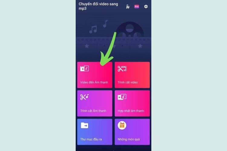 Mở Video to MP3 Converter cho Android lên, tại giao diện trang chủ chọn biểu tượng Video đến âm thanh.