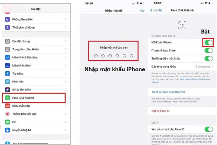 Truy cập vào Face ID & Mật mã và kích hoạt tính năng mở khoá iPhone.