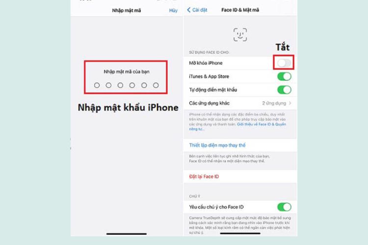 Nhập mật mã mở khoá iPhone sau đó nhấn tắt tính năng mở khoá iPhone