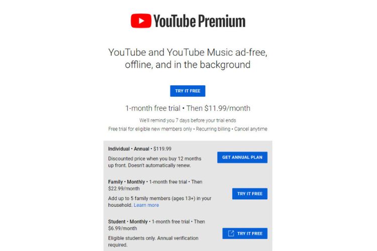 Các gói Youtube Premium