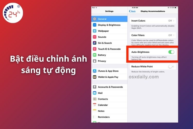 Bật điều chỉnh ánh sáng tự động khắc phục iphone nóng