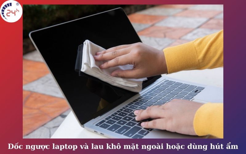 Dốc ngược laptop và lau khô mặt ngoài hoặc dùng hút ẩm