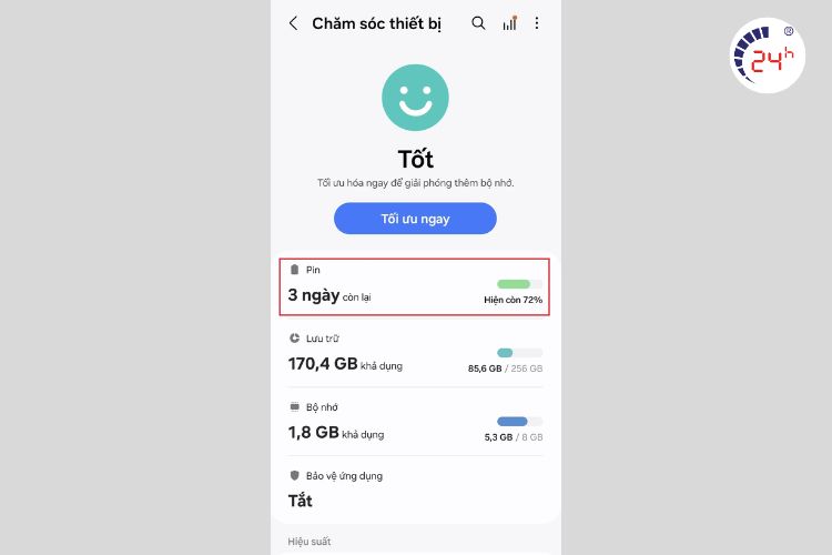 bật tính năng tối ưu hóa pin cho ứng dụng