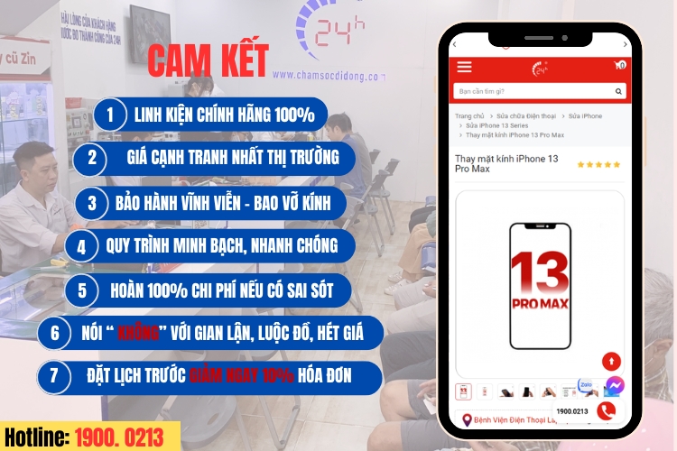 cam kết dịch vụ thay mặt kính iphone 13 pro max 