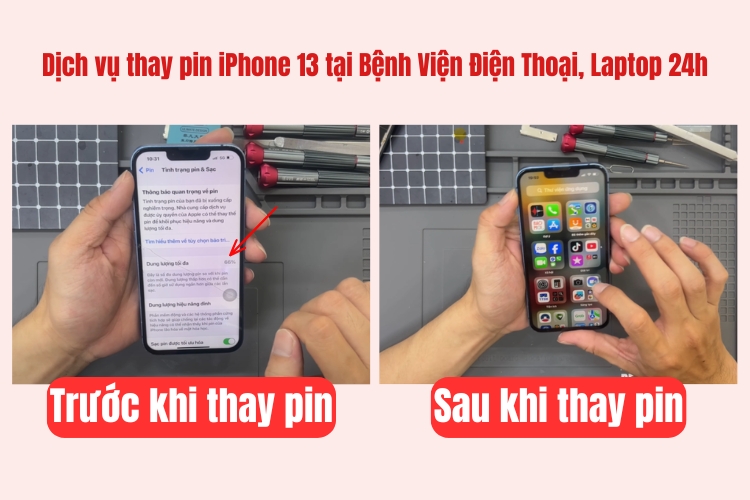 trước và sau khi thay pin iphone 13 