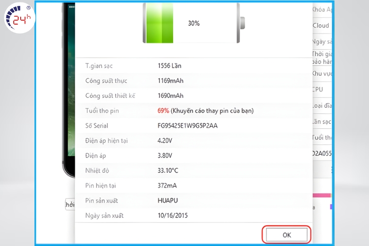 chọn ok để hoàn tất việc xem tình trạng pin