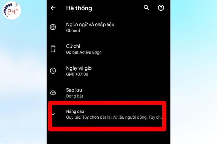 chọn Tùy chọn nhà phát triển ở mục Nâng cao