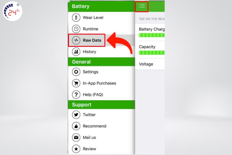 vào biểu tượng menu chọn Raw Data