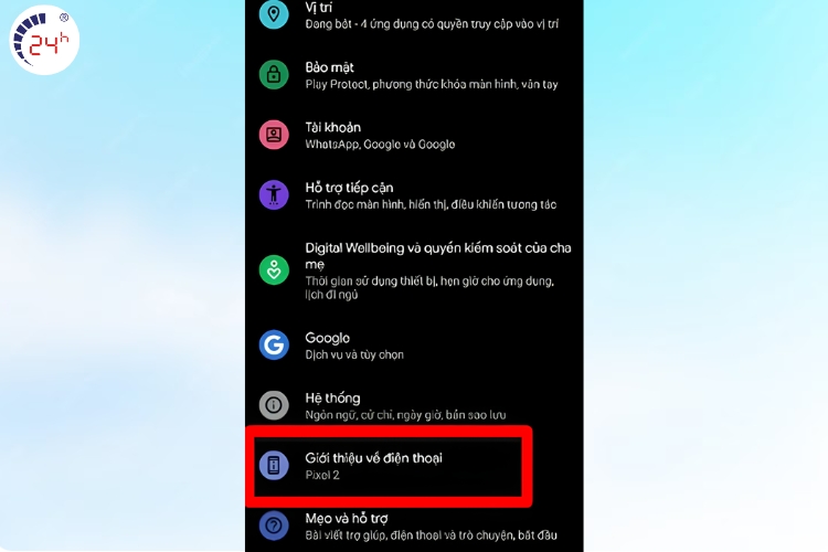 Vào cài đặt chọn giới thiệu về điện thoại