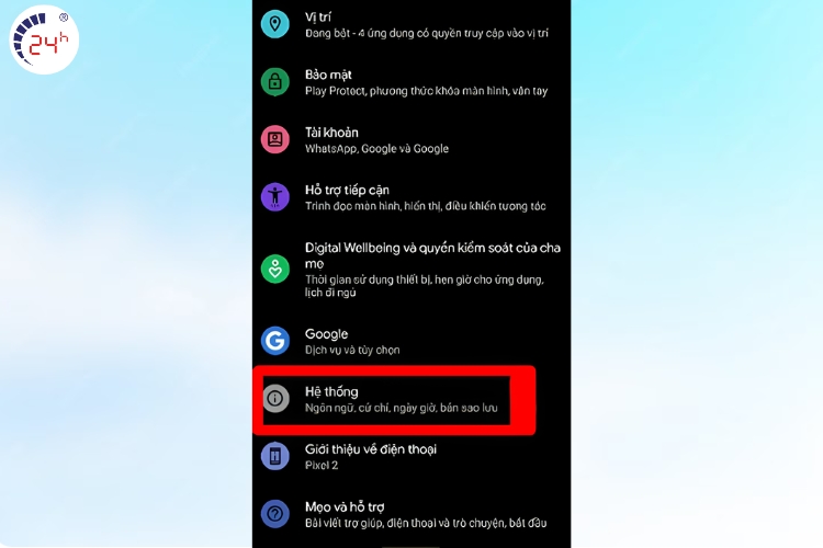 vào mục hệ thống ở phần cài đặt