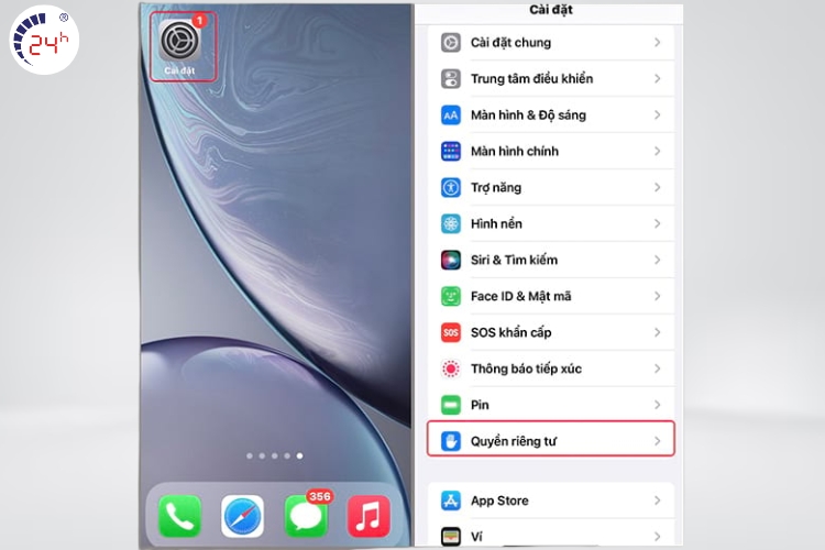 vào quyền riêng tư trong cài đặt