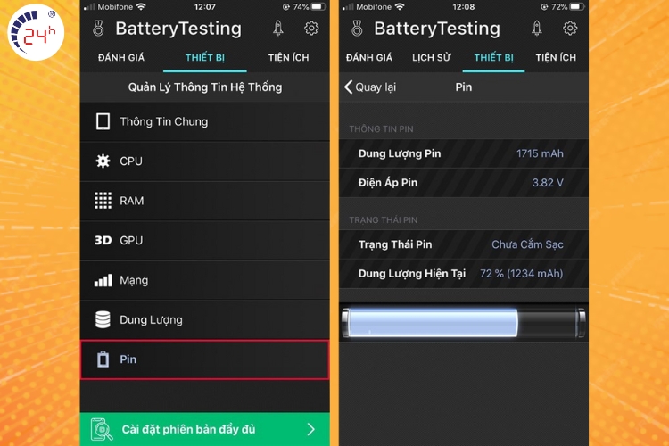 vào ứng dụng chọn mục pin trong mục thiết bị