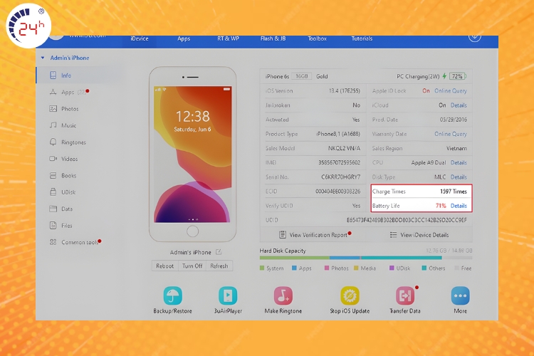 xem tình trạng chai pin ở màn hình