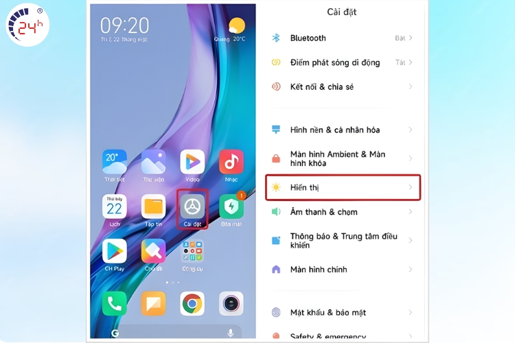 chọn hiển thị trong cài đặt