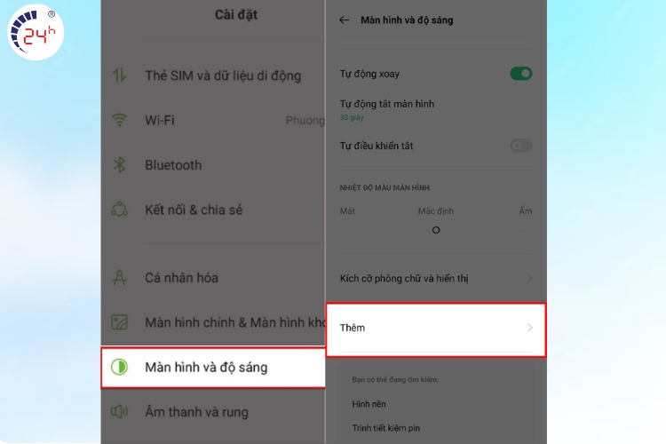 chọn vào màn hình sáng và độ sáng