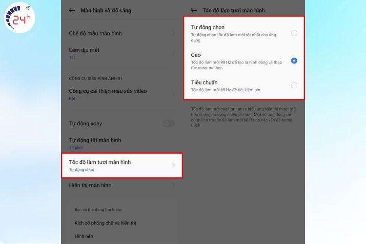 điều chỉnh nhanh trong màn hình và độ sáng