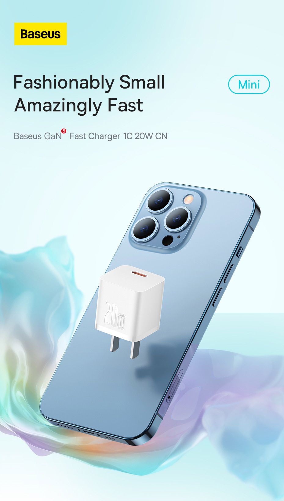 Bộ sạc nhanh Baseus GaN5 1C 20W CN Mini (Kèm Cáp sạc nhanh Cable Type-C sang iP PD 20W 1m)