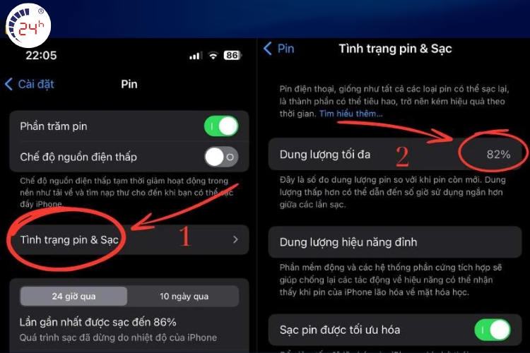 kiểm tra dung lượng pin tối đa của pin bước 2
