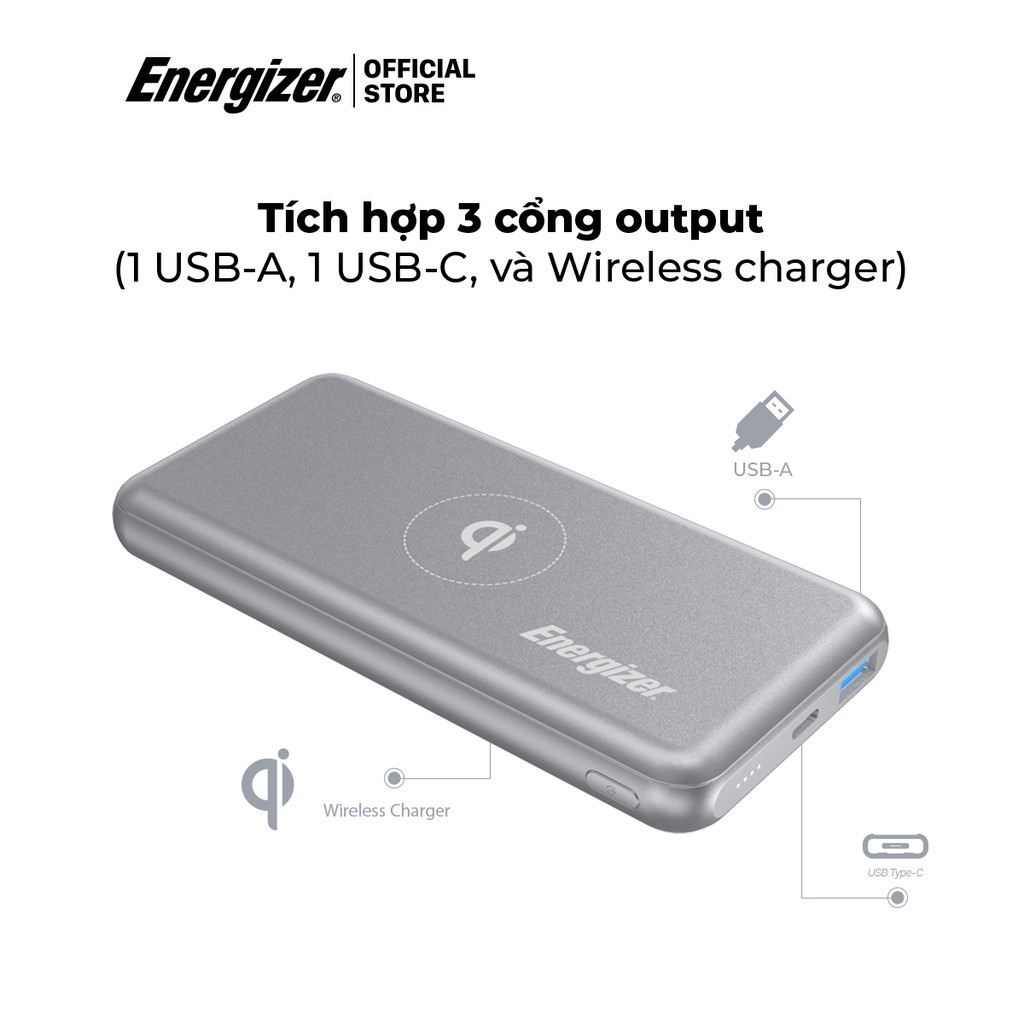 Sạc dự phòng Energizer 10000mAh Tích hợp sạc không dây & Sạc nhanh 18W