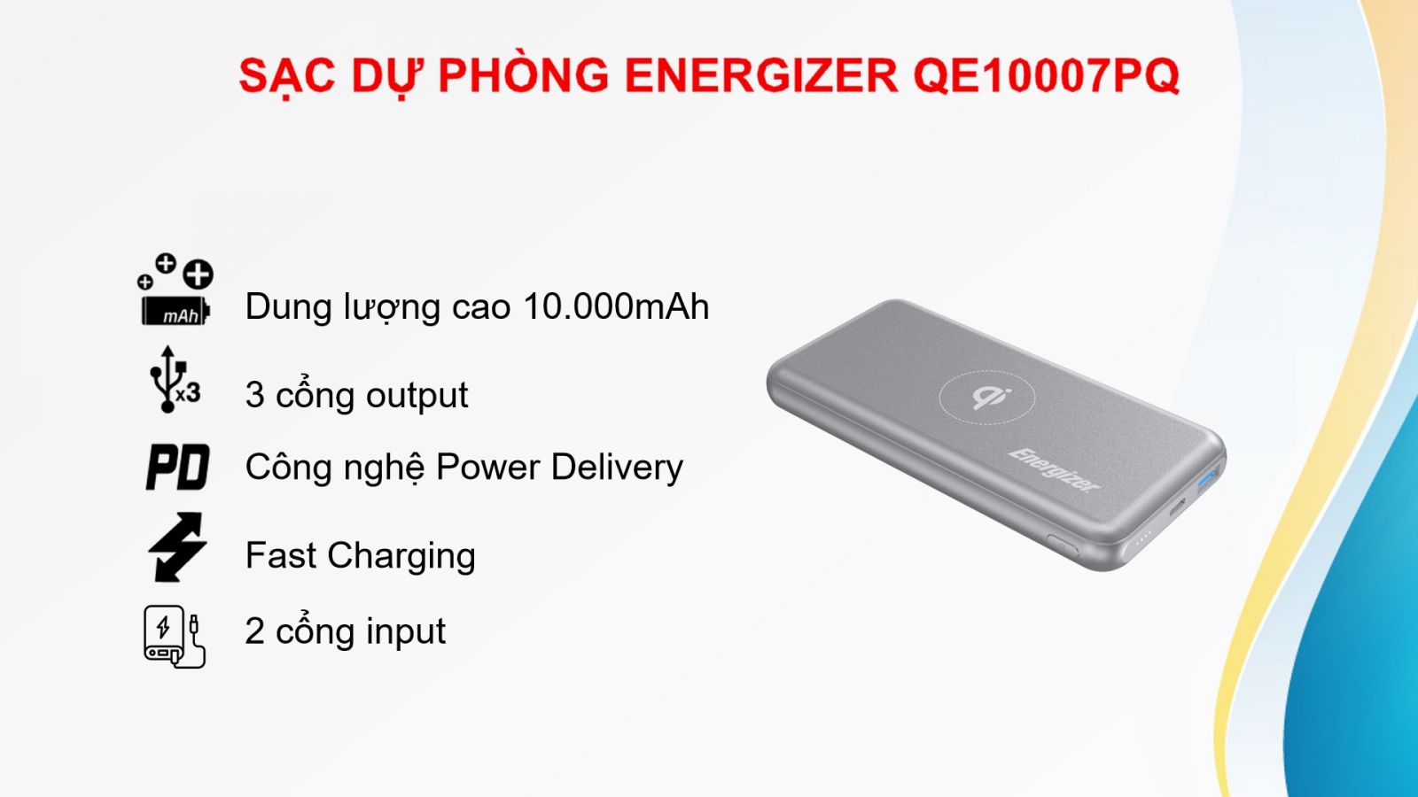 Sạc dự phòng Energizer 10000mAh Tích hợp sạc không dây & Sạc nhanh 18W