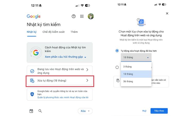 Bật tự động xóa lịch sử tìm kiếm