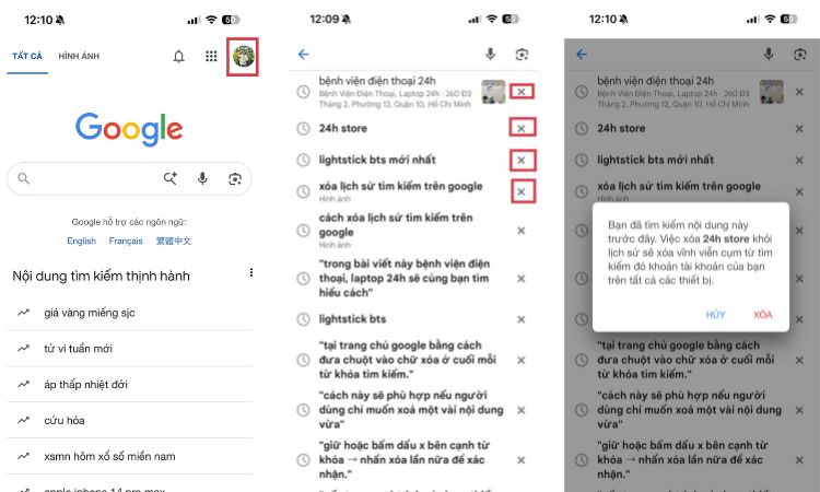 Cách xóa nhanh trên giao diện Google