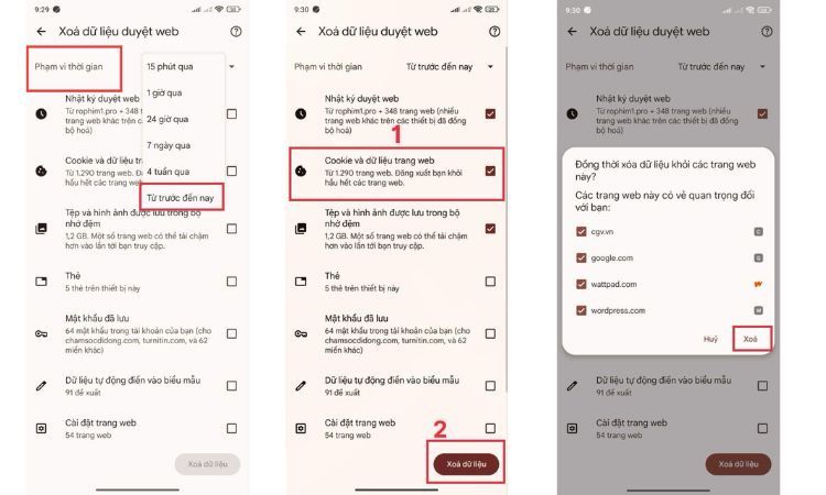Chọn xóa dữ liệu duyệt web