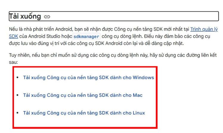 Tải công cụ SDK Platform Tools Tải công cụ SDK Platform Tools