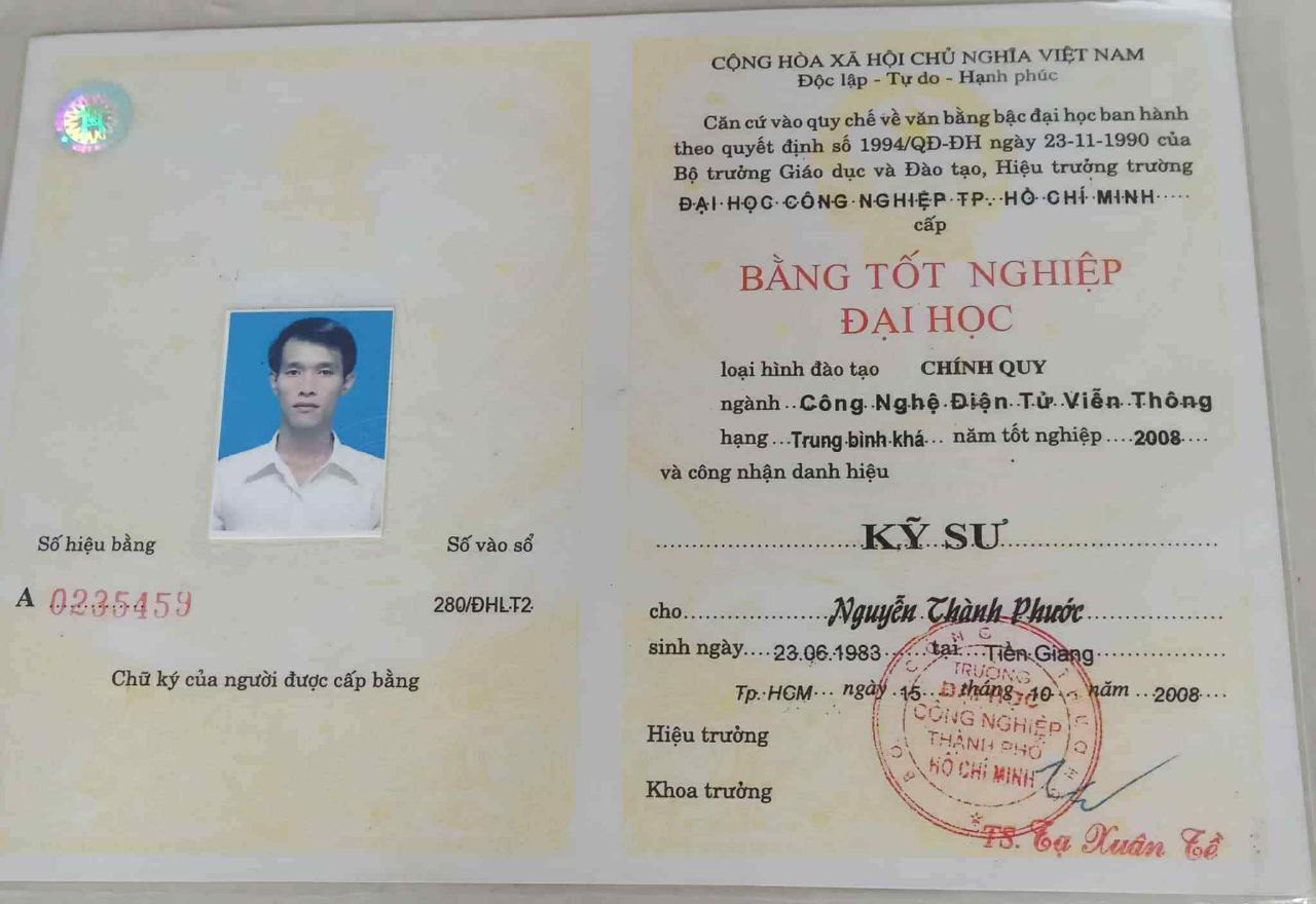 Bằng tốt nghiệp ngành công nghệ điện từ viễn thông của anh Nguyễn Thành Phước