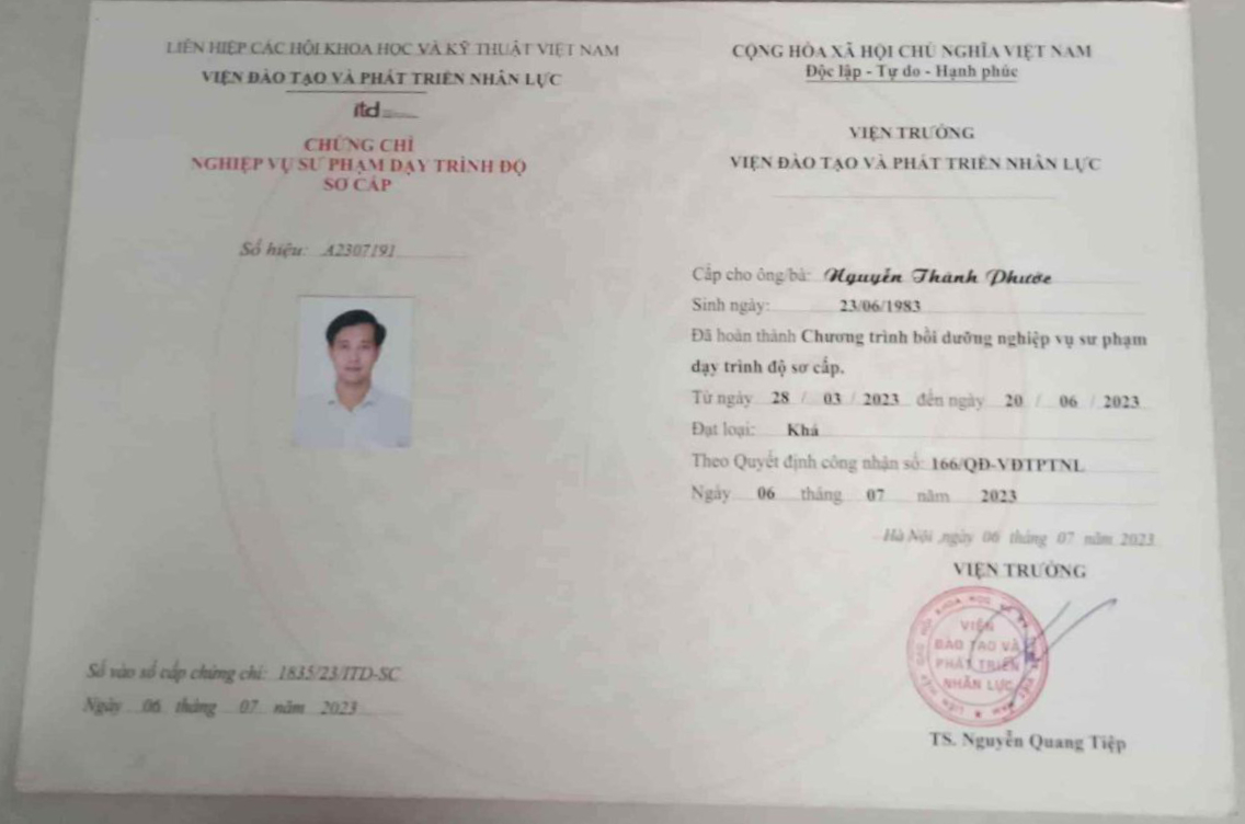 Bằng tốt nghiệp sư phạm của anh Nguyễn Thành Phước