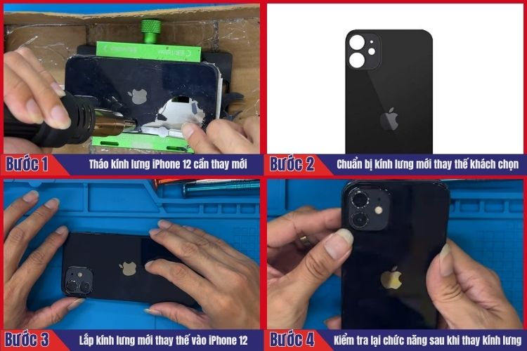 Nhân viên thực hiện tiến hành 4 bước thay kính lưng iPhone 12 tại chamsocdidong.com