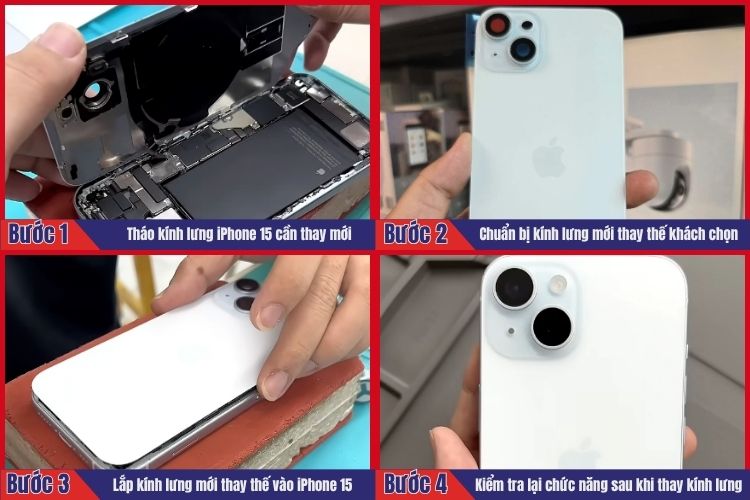 Nhân viên thực hiện tiến hành 4 bước thay kính lưng iPhone 15 tại chamsocdidong.com