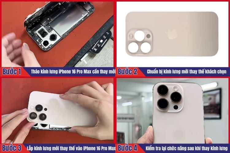 Nhân viên thực hiện tiến hành 4 bước thay kính lưng iPhone 16 Pro Max tại chamsocdidong.com  
