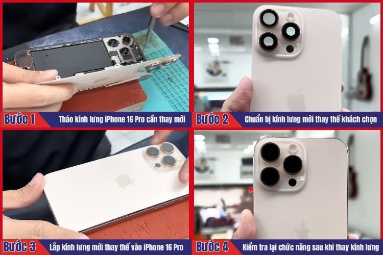 Nhân viên thực hiện tiến hành 4 bước thay kính lưng iPhone 16 Pro tại chamsocdidong.com  