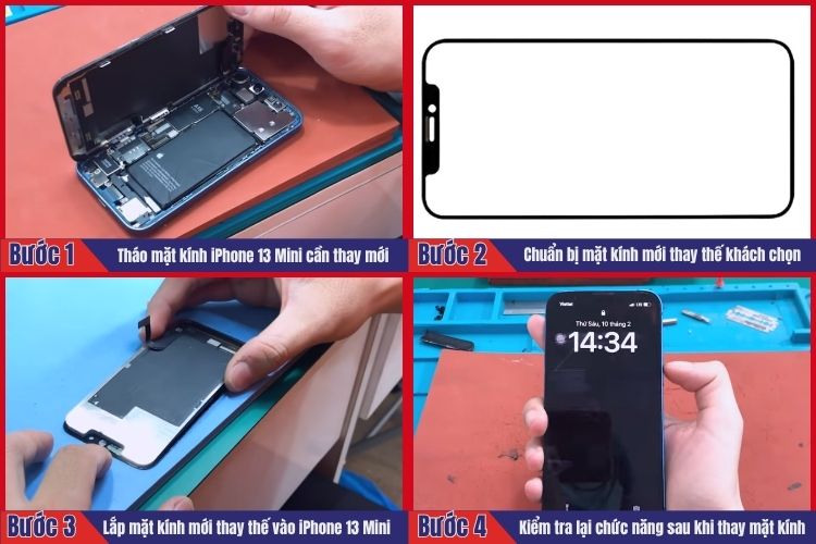 Nhân viên thực hiện tiến hành 4 bước thay mặt kính iPhone 13 Mini tại chamsocdidong.com