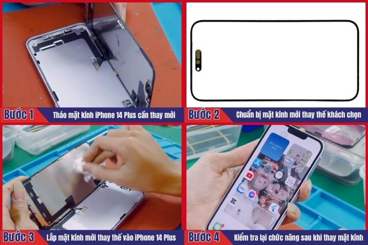 Nhân viên thực hiện tiến hành 4 bước thay mặt kính iPhone 14 Plus tại chamsocdidong.com 