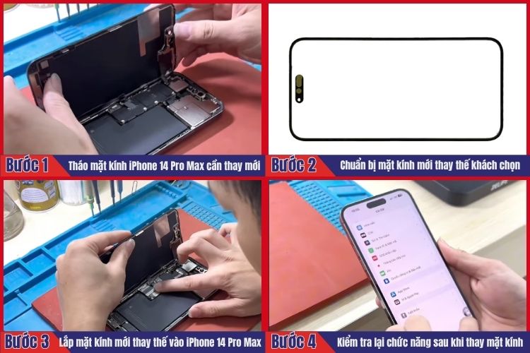 Nhân viên thực hiện tiến hành 4 bước thay mặt kính iPhone 14 Pro Max tại chamsocdidong.com