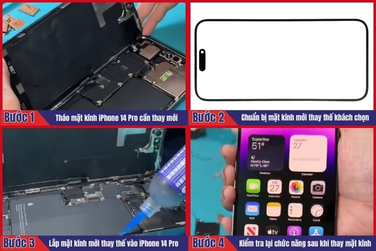 Nhân viên thực hiện tiến hành 4 bước thay mặt kính iPhone 14 Pro tại chamsocdidong.com  