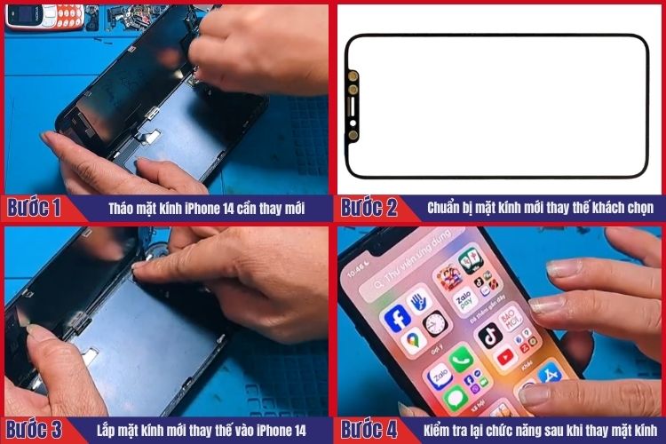 Nhân viên thực hiện tiến hành 4 bước thay mặt kính iPhone 14 tại chamsocdidong.com