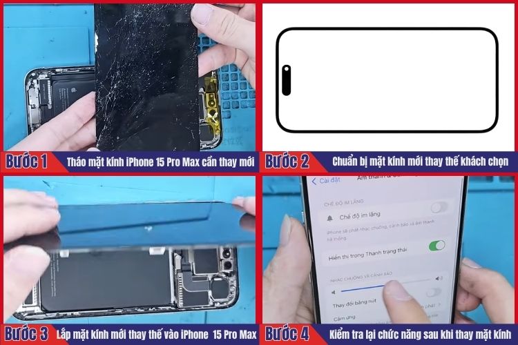 Nhân viên thực hiện tiến hành 4 bước thay mặt kính iPhone 15 Pro Max tại chamsocdidong.com