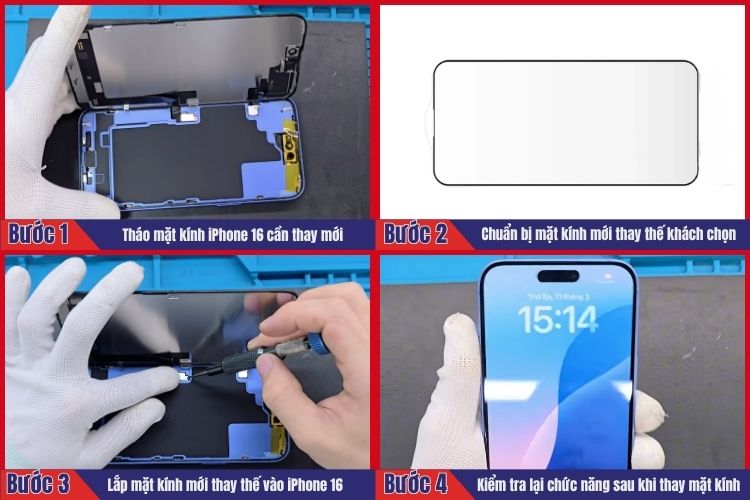 Nhân viên thực hiện tiến hành 4 bước thay mặt kính iPhone 16 tại chamsocdidong.com
