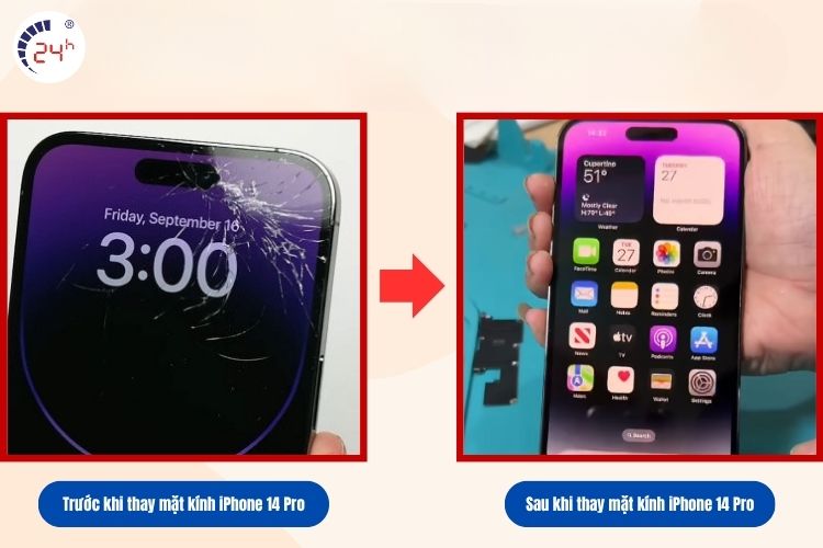 Trước và sau khi thay mặt kính iPhone 14 Pro