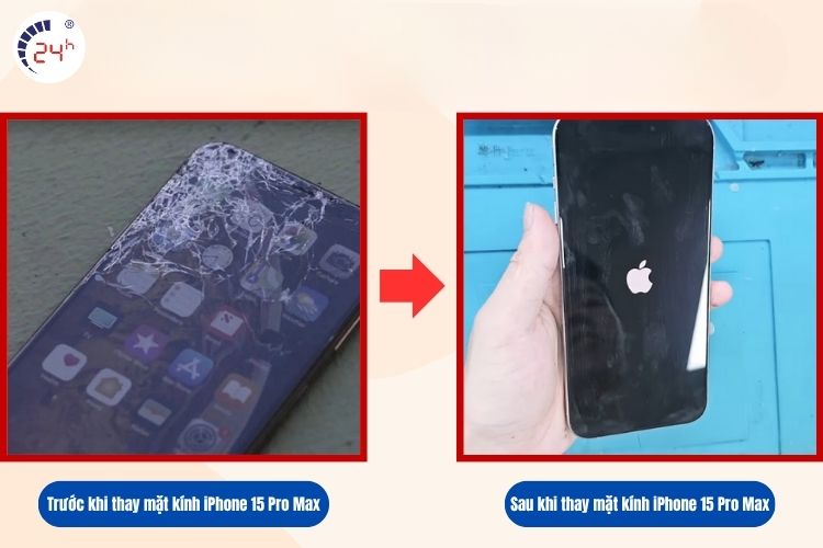 Trước và sau khi thay mặt kính iPhone 15 Pro Max